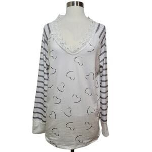 NORACORA Womens White Gray Stripe Heart V-Neck Crochet Long Sleeve Top Size L